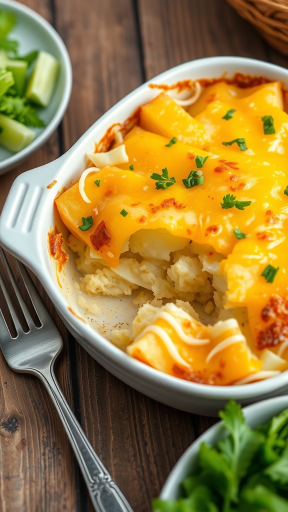 A golden and bubbling cheesy potato bake, garnished with parsley, on a rustic wooden table.